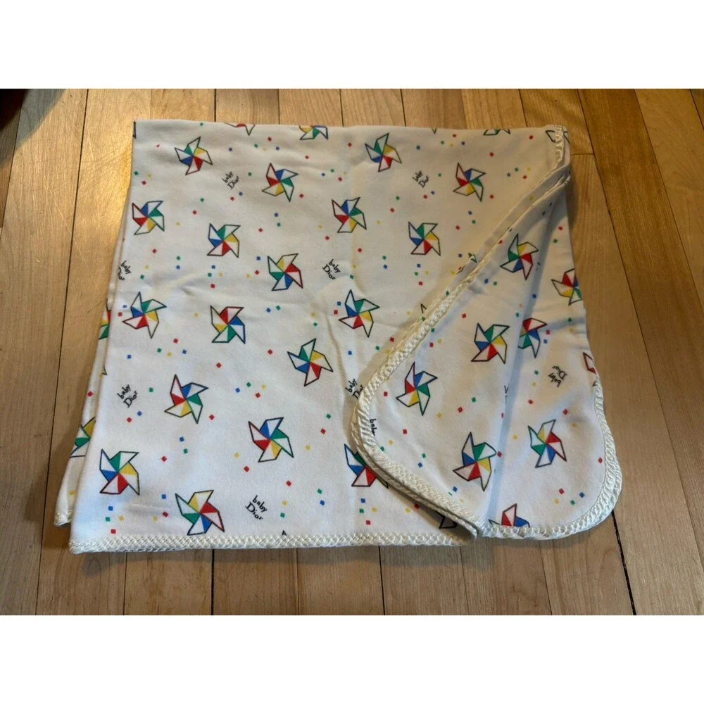 Vintage Dior Baby Blanket 100% Cotton White Satin Edge USA Pinwheels